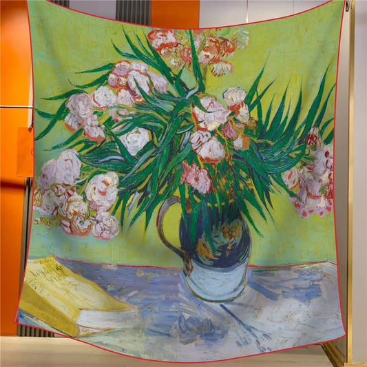 Oleander Elegant Artistry Shawl - Large 130cm Square Scarf with Oil Painting Print & Hand-Rolled Hem V888-ELOSUNG33391
