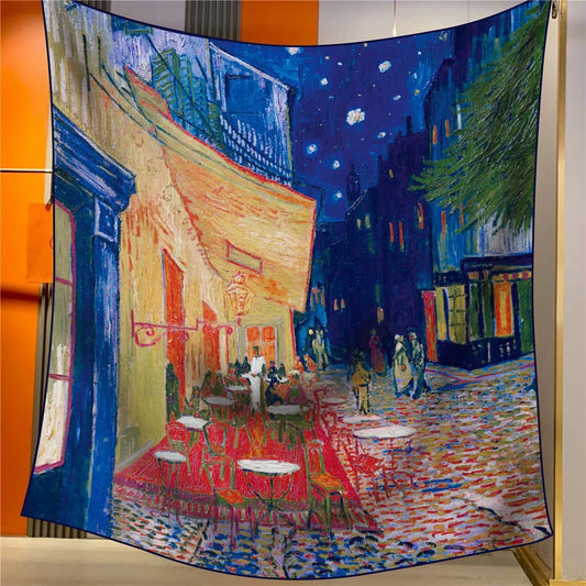 Coffee House Elegant Artistry Shawl - Large 130cm Square Scarf with Oil Painting Print & Hand-Rolled Hem V888-ELOSUNG33394
