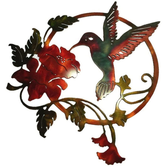 Red Set of 2 Round Metal Wall Art - Hummingbird & Flower Sculpture for Indoor & Outdoor Decor V888-ELOSUNG33395