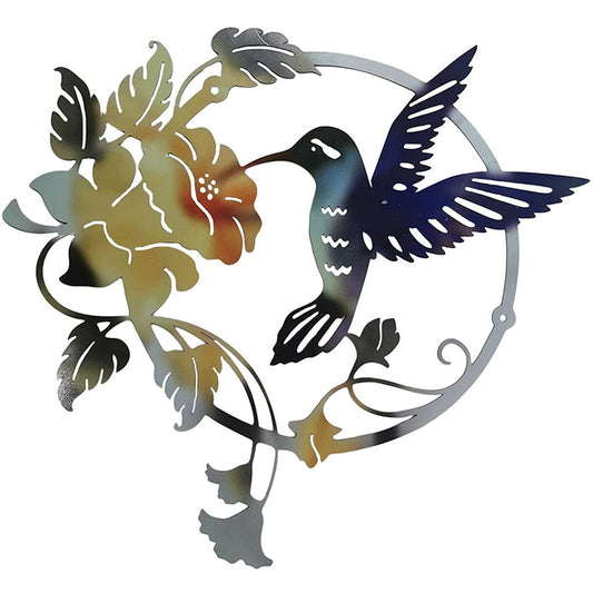 Yellow Set of 2 Round Metal Wall Art - Hummingbird & Flower Sculpture for Indoor & Outdoor Decor V888-ELOSUNG33396