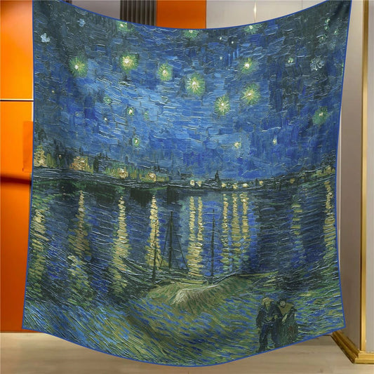 Starry Night Elegant Artistry Shawl - Large 130cm Square Scarf with Oil Painting Print & Hand-Rolled Hem V888-ELOSUNG33438