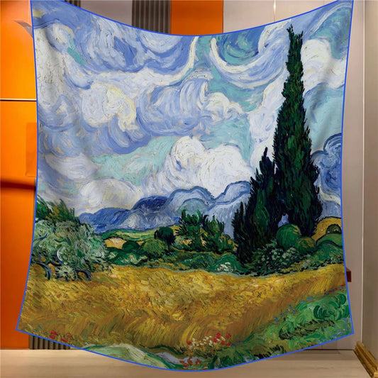 Wheatfield Elegant Artistry Shawl - Large 130cm Square Scarf with Oil Painting Print & Hand-Rolled Hem V888-ELOSUNG33439