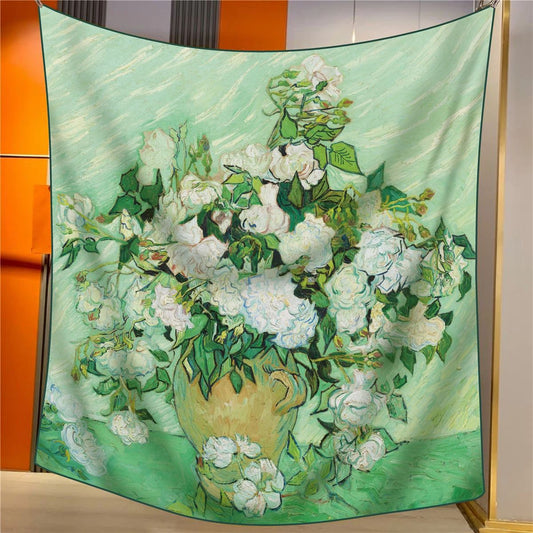 White Roses Elegant Artistry Shawl - Large 130cm Square Scarf with Oil Painting Print & Hand-Rolled Hem V888-ELOSUNG33440