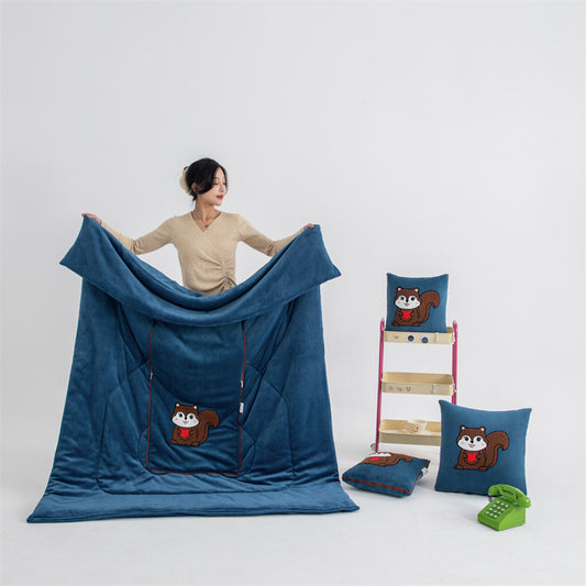 Blue Little Squirrel - 2-in-1 Foldable Car Pillow Blanket - Cozy 40x40cm Pillow, Unfolds to 100x150cm Blanket V888-ELOSUNG33448