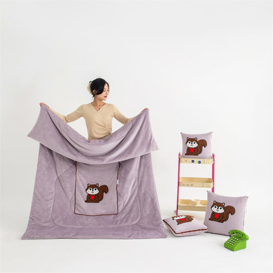 Light Pink Little Squirrel - 2-in-1 Foldable Car Pillow Blanket - Cozy 40x40cm Pillow, Unfolds to 100x150cm V888-ELOSUNG33449