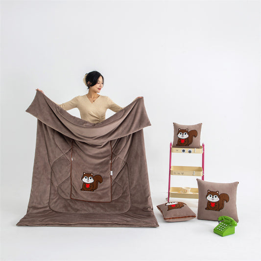 Coffee Brown Little Squirrel - 2-in-1 Foldable Car Pillow Blanket - Cozy 40x40cm Pillow, Unfolds to 100x150cm V888-ELOSUNG33450