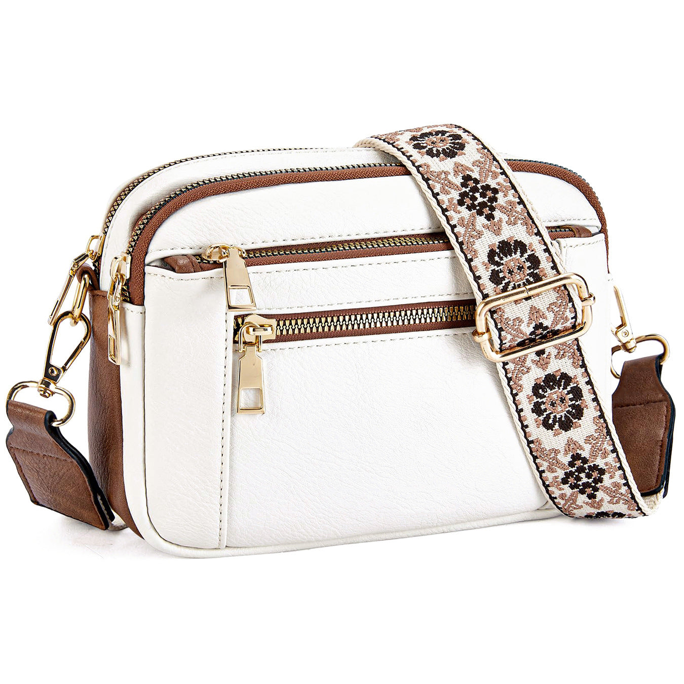 Double Zipper White Brown Chic Quilted Crossbody Bag - Vintage PU Leather Shoulder Purse with Adjustable Strap V888-ELOSUNG33466