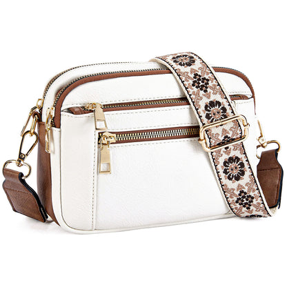 Double Zipper White Brown Chic Quilted Crossbody Bag - Vintage PU Leather Shoulder Purse with Adjustable Strap V888-ELOSUNG33466
