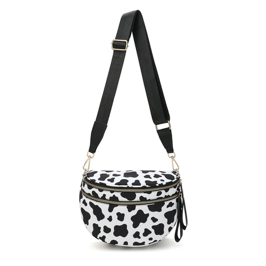 Black-white Cow Checkered Trendy Sling Bag - Women's Crescent Crossbody Purse with Wide Adjustable Strap V888-ELOSUNG33477