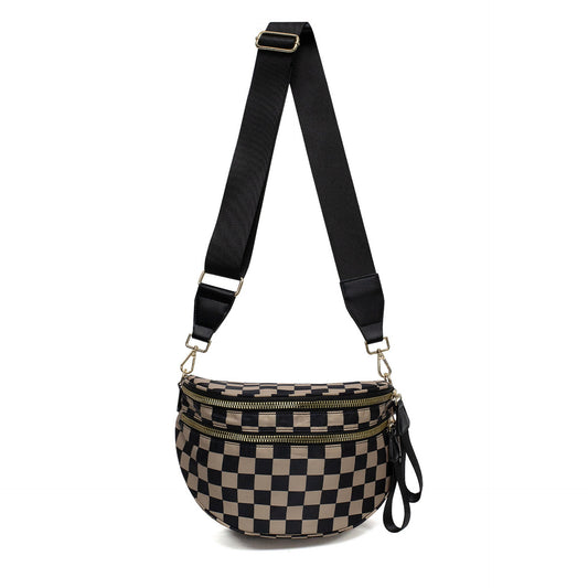 Black-brown Checkered Trendy Sling Bag - Women's Crescent Crossbody Purse with Wide Adjustable Strap V888-ELOSUNG33478