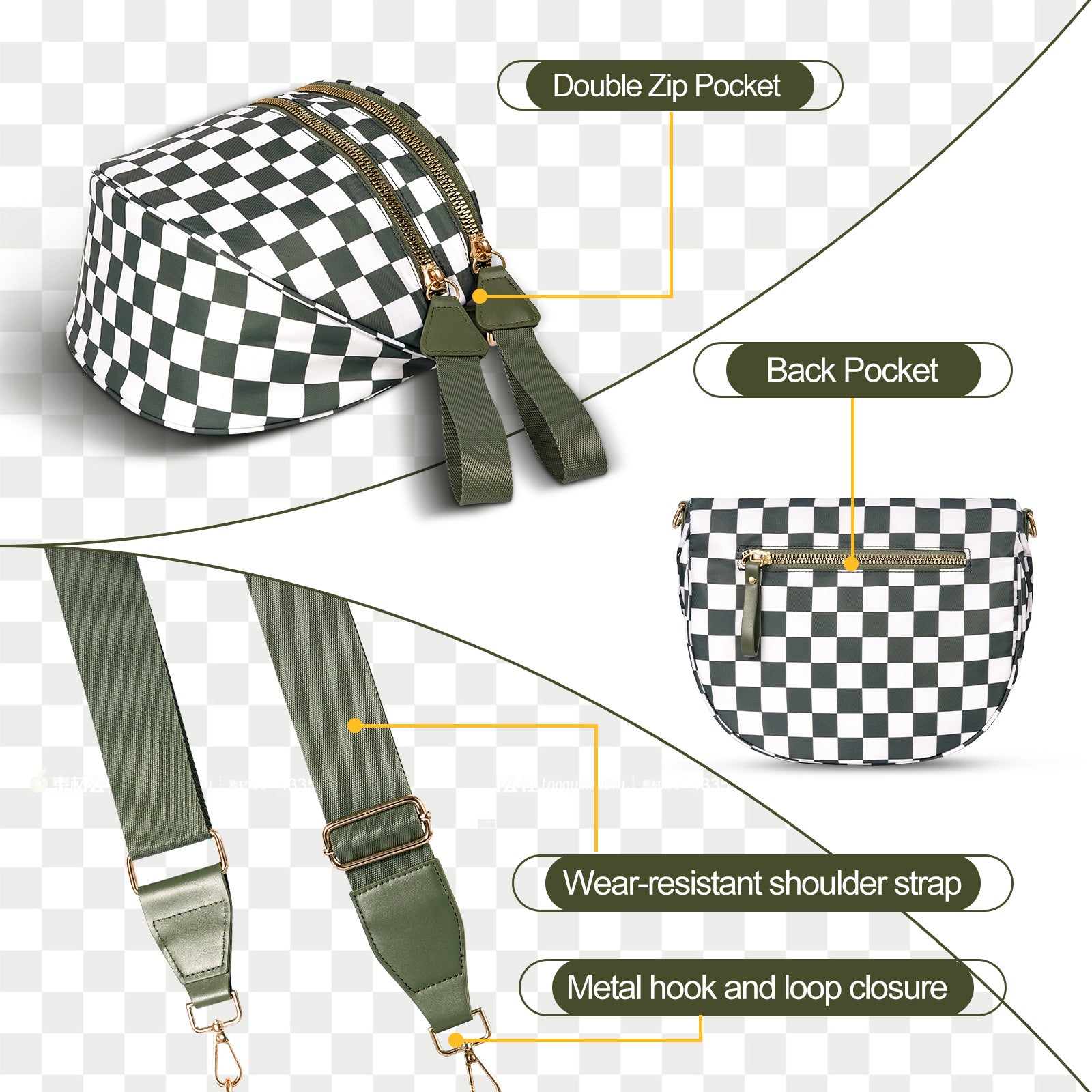 Black-brown Checkered Trendy Sling Bag - Women's Crescent Crossbody Purse with Wide Adjustable Strap V888-ELOSUNG33478