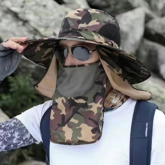 Dark Green Camouflage Outdoor Sun Protection Hat with Detachable Face and Neck Flap - UPF 50+ V888-ELOSUNG33484