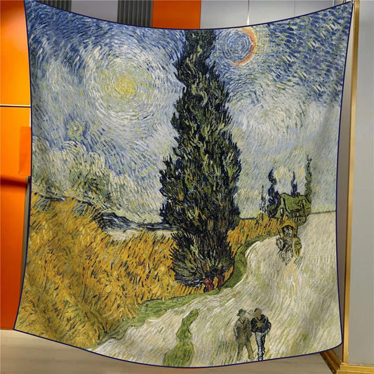 Cypress Tree With Starry Sky Elegant Artistry Shawl - Large 130cm Square Scarf with Oil Painting Print & V888-ELOSUNG33498