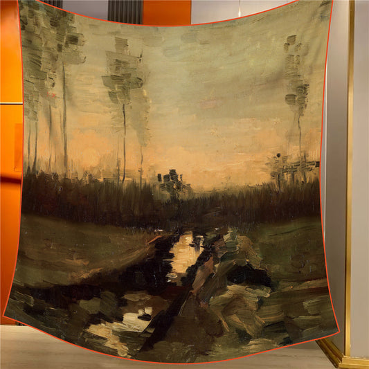 Landscape at Dusk Elegant Artistry Shawl - Large 130cm Square Scarf with Oil Painting Print & Hand-Rolled Hem V888-ELOSUNG33499