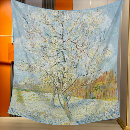 Peach Tree in Bloom Elegant Artistry Shawl - Large 130cm Square Scarf with Oil Painting Print & Hand-Rolled V888-ELOSUNG33502