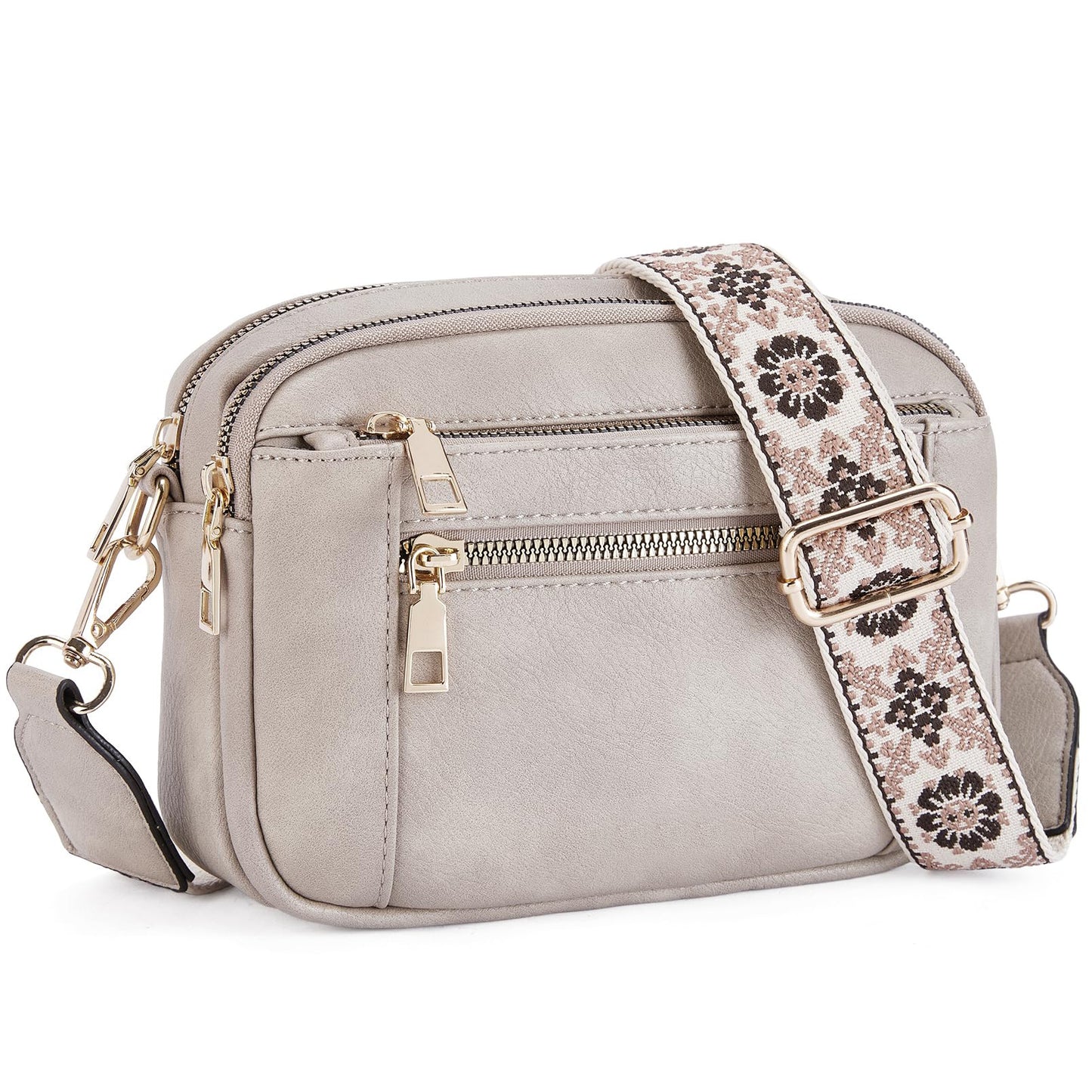Double Zipper Grey Chic Quilted Crossbody Bag - Vintage PU Leather Shoulder Purse with Adjustable Strap V888-ELOSUNG33513