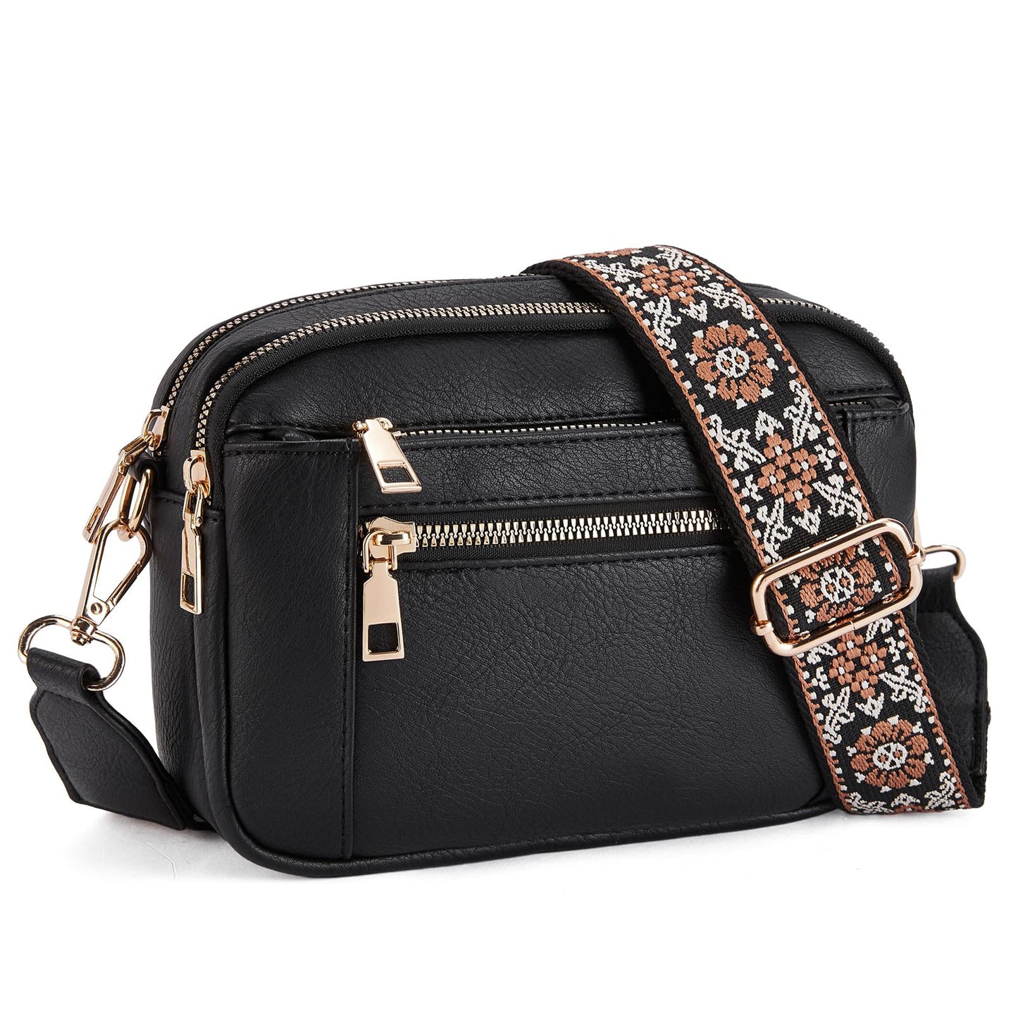Double Zipper Black Chic Quilted Crossbody Bag - Vintage PU Leather Shoulder Purse with Adjustable Strap V888-ELOSUNG33514