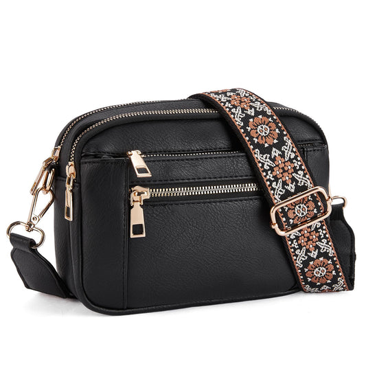 Double Zipper Black Chic Quilted Crossbody Bag - Vintage PU Leather Shoulder Purse with Adjustable Strap V888-ELOSUNG33514