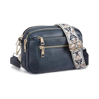 Double Zipper Blue Chic Quilted Crossbody Bag - Vintage PU Leather Shoulder Purse with Adjustable Strap V888-ELOSUNG33515
