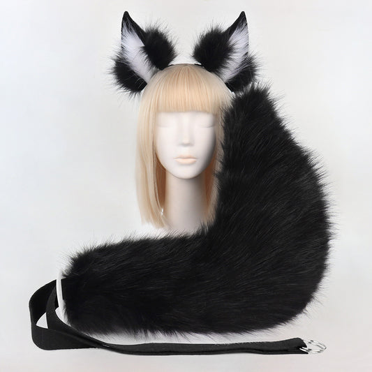 Black Plush Faux Fur Fox Ears Headband and Tail Set - Realistic Animal Costume for Cosplay & Parties V888-ELOSUNG33559