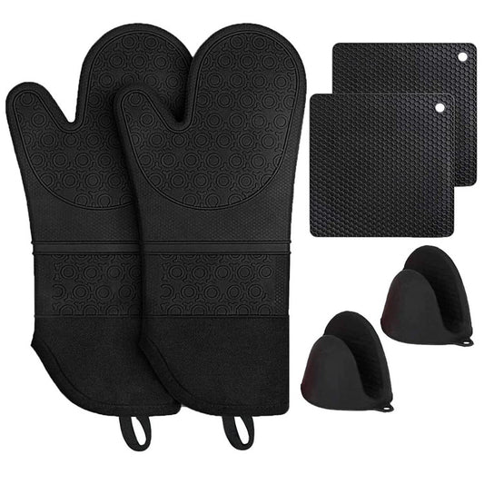Black BPA-Free Non-Slip Silicone Oven Mitts - Heat Resistant Gloves with Honeycomb Pattern for Kitchen Safety V888-ELOSUNG33575