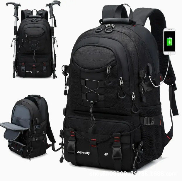 Black 40L Large Capacity Travel Backpack - Water-Resistant Hiking Rucksack with USB Charging Port V888-ELOSUNG33670
