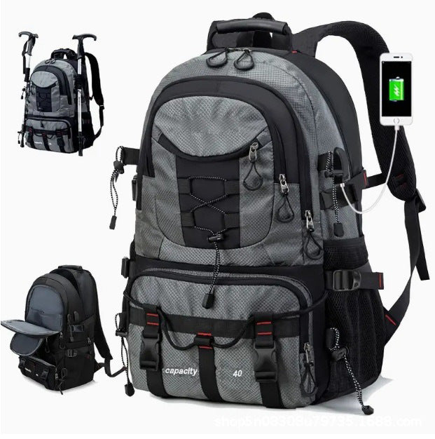 Grey 40L Large Capacity Travel Backpack - Water-Resistant Hiking Rucksack with USB Charging Port V888-ELOSUNG33672