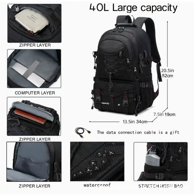 Grey 40L Large Capacity Travel Backpack - Water-Resistant Hiking Rucksack with USB Charging Port V888-ELOSUNG33672