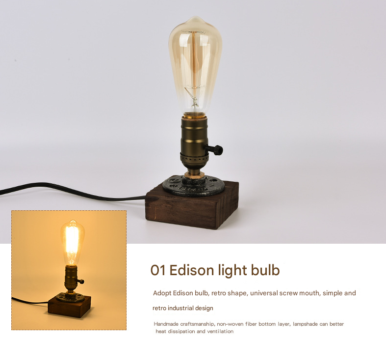 Rustic Industrial Table Lamp Vintage Wooden Base Accent Light V888-ELOSUNG33692