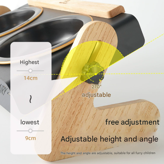 Adjustable Raised Pet Feeder - Modern Wood & Metal Stand with Dual Bowls for Cats & Dogs V888-ELOSUNG33710