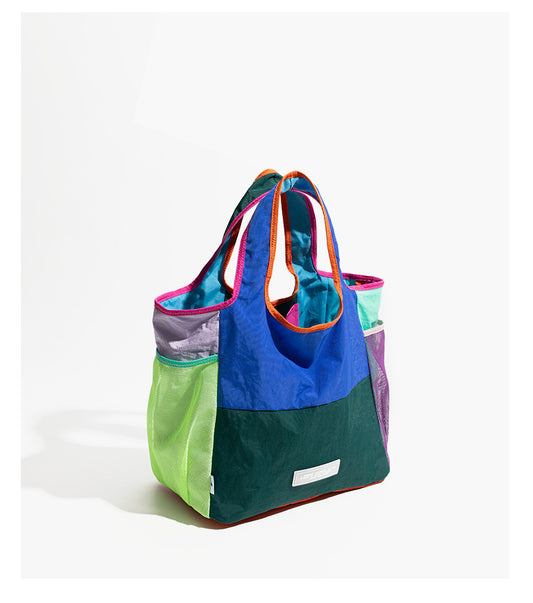 Green Vibrant Colorblock Foldable Tote Bag Lightweight Reusable Shopping Shoulder Bag V888-ELOSUNG33724