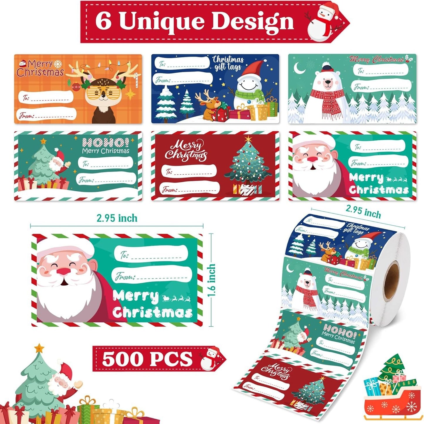 Set of 4 Christmas Gift Tag Sticker Rolls - 2000 Self-Adhesive Labels for Presents V888-ELOSUNG33746