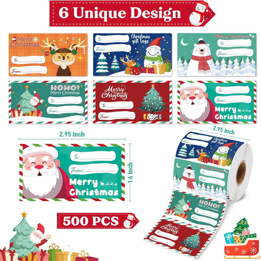 Set of 4 Christmas Gift Tag Sticker Rolls - 2000 Self-Adhesive Labels for Presents V888-ELOSUNG33746
