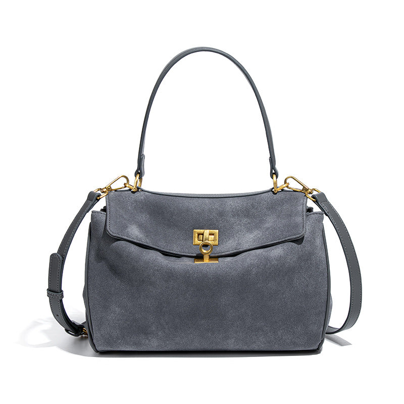Grey Women's Vintage Suede Satchel Bag - Elegant Top Handle Purse with Gold Lock V888-ELOSUNG33779