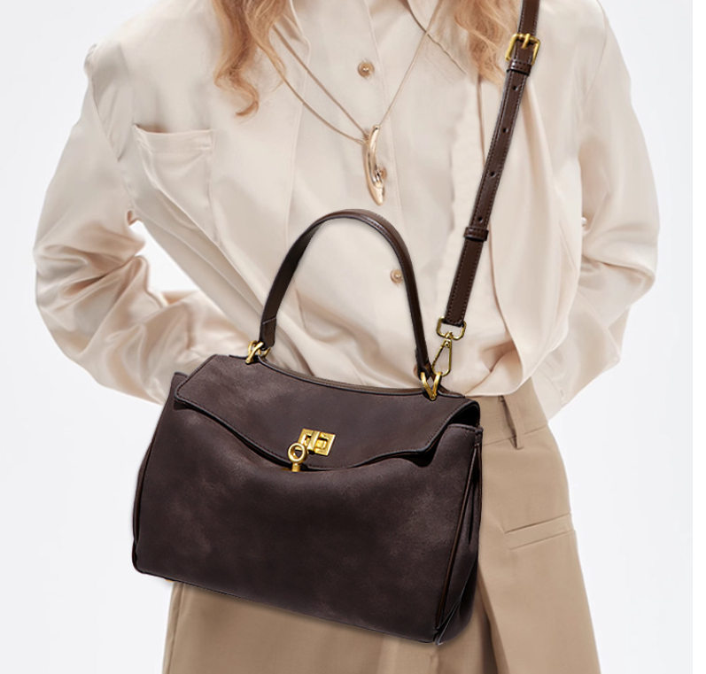Grey Women's Vintage Suede Satchel Bag - Elegant Top Handle Purse with Gold Lock V888-ELOSUNG33779