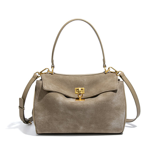 Beige Women's Vintage Suede Satchel Bag - Elegant Top Handle Purse with Gold Lock V888-ELOSUNG33780