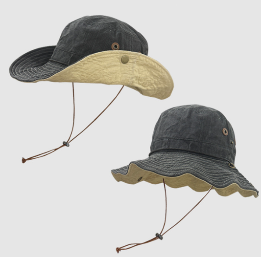 Black Wide Brim Outdoor Cowboy Sun Hat - Adjustable & Breathable for Hiking, Fishing, and Camping V888-ELOSUNG33831