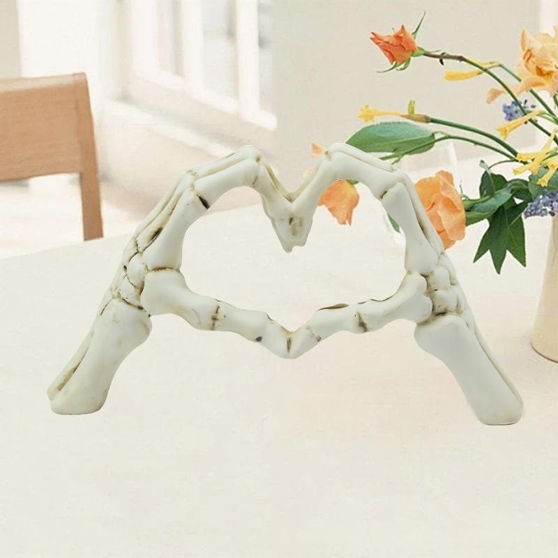 White Gothic Skeleton Hands Heart Sculpture - Macabre Love Figurine for Home & Halloween Decor V888-ELOSUNG33888