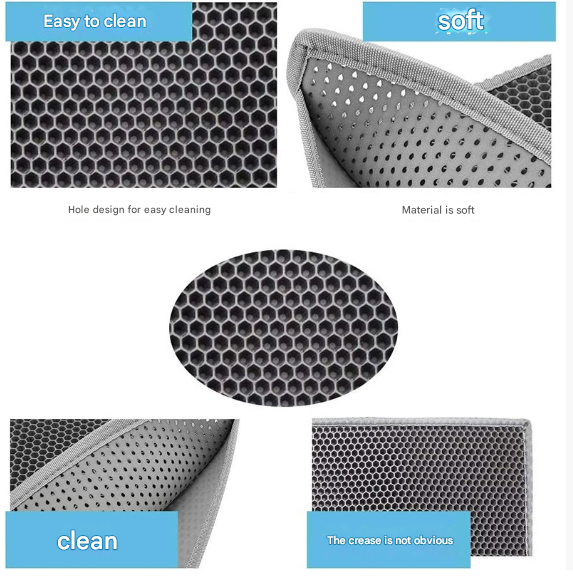 Grey Large Double-Layer Cat Litter Trapping Mat - Waterproof EVA Honeycomb Design for Scatter Control (45cm x V888-ELOSUNG33930