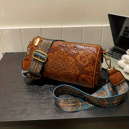 Red Vintage Embossed Crossbody Barrel Bag with Wide Adjustable Guitar Strap V888-ELOSUNG33961