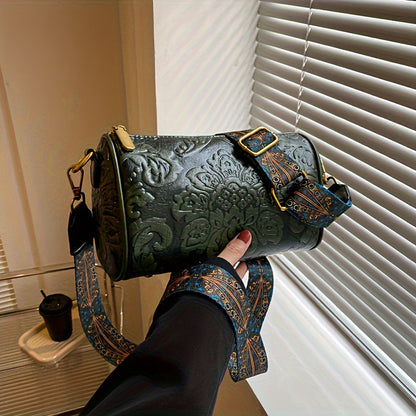 Green Vintage Embossed Crossbody Barrel Bag with Wide Adjustable Guitar Strap V888-ELOSUNG33962