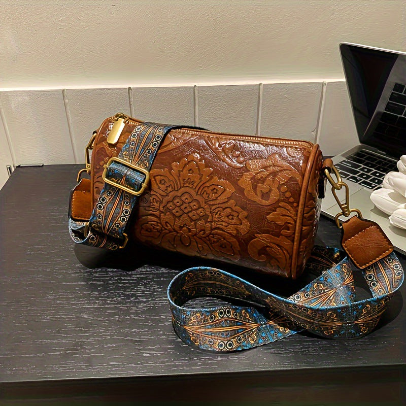 Green Vintage Embossed Crossbody Barrel Bag with Wide Adjustable Guitar Strap V888-ELOSUNG33962