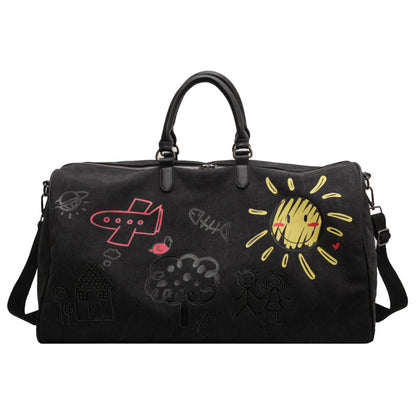 Black Large Capacity Graffiti Travel Duffel Bag - Canvas Weekender with Wet/Dry Pocket & Shoe Compartment V888-ELOSUNG33969