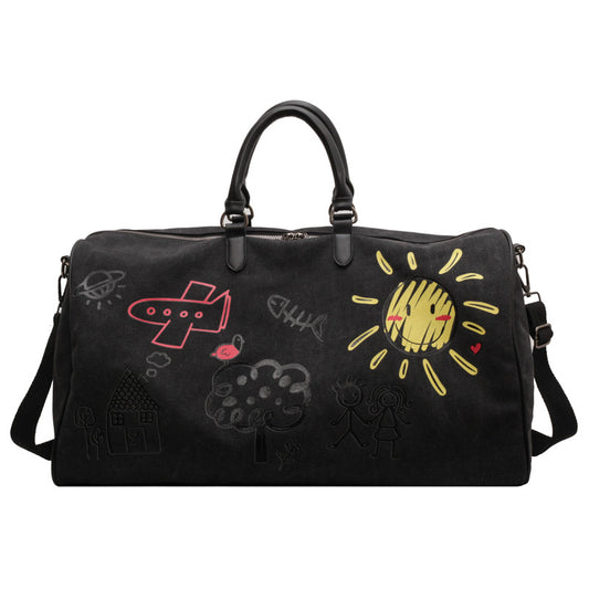 Black Large Capacity Graffiti Travel Duffel Bag - Canvas Weekender with Wet/Dry Pocket & Shoe Compartment V888-ELOSUNG33969