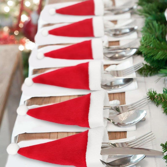 Mini Santa Hat Cutlery Holders (100-Pack) - Festive Christmas Wine Bottle Toppers & Table Decorations V888-ELOSUNG33985