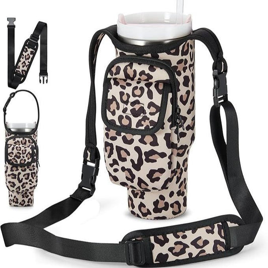 Leopard-print White Insulated Tumbler Carrier Pouch with Adjustable Strap & Pocket V888-ELOSUNG33996