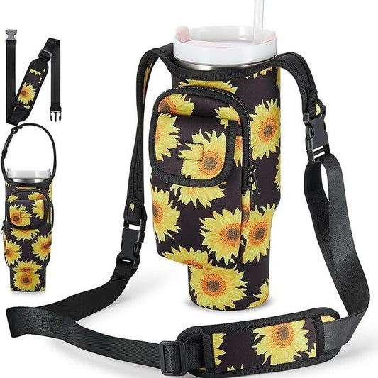 Black-yellow Sunflower White Insulated Tumbler Carrier Pouch with Adjustable Strap & Pocket V888-ELOSUNG33997