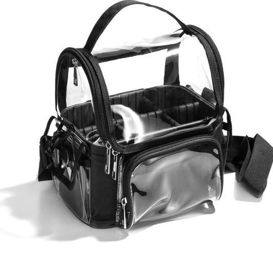 Black Professional Clear Makeup Case - Portable PVC Cosmetic Organizer with Adjustable Dividers & Shoulder V888-ELOSUNG34130