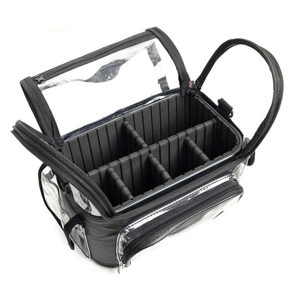 Black Professional Clear Makeup Case - Portable PVC Cosmetic Organizer with Adjustable Dividers & Shoulder V888-ELOSUNG34130