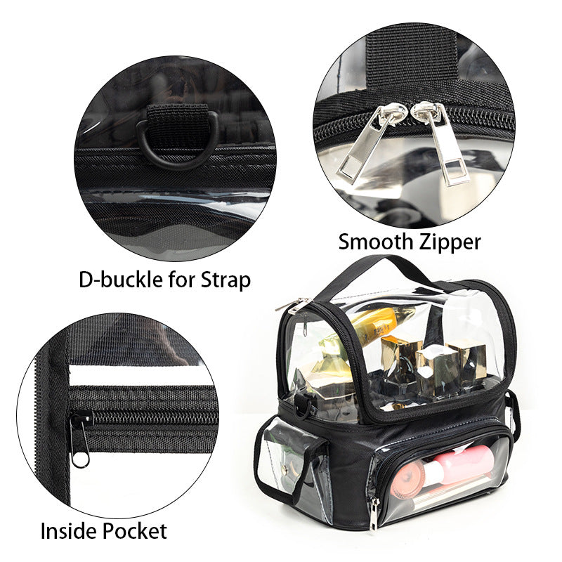 Black Professional Clear Makeup Case - Portable PVC Cosmetic Organizer with Adjustable Dividers & Shoulder V888-ELOSUNG34130